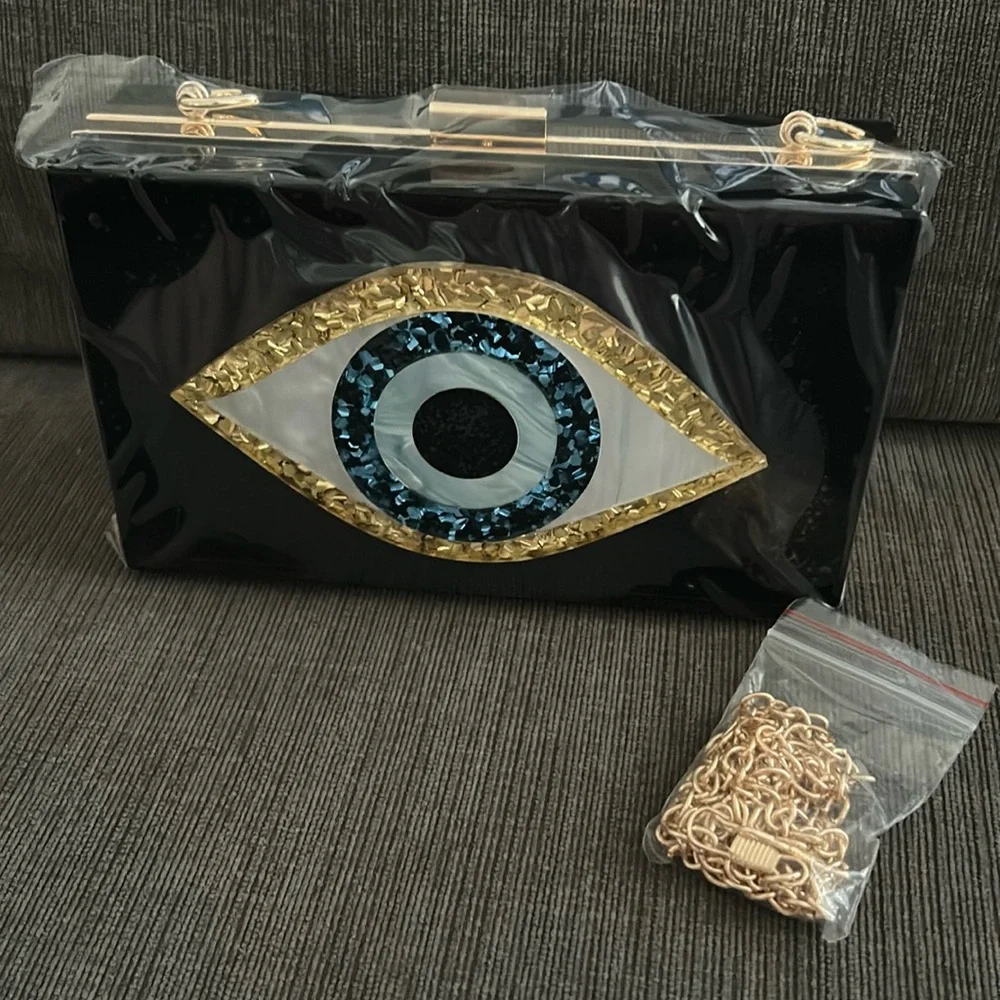 Hamsa Evil Eye Black Glitter Resin Fashion Purse clutch or crossbody - Picture 2 of 5